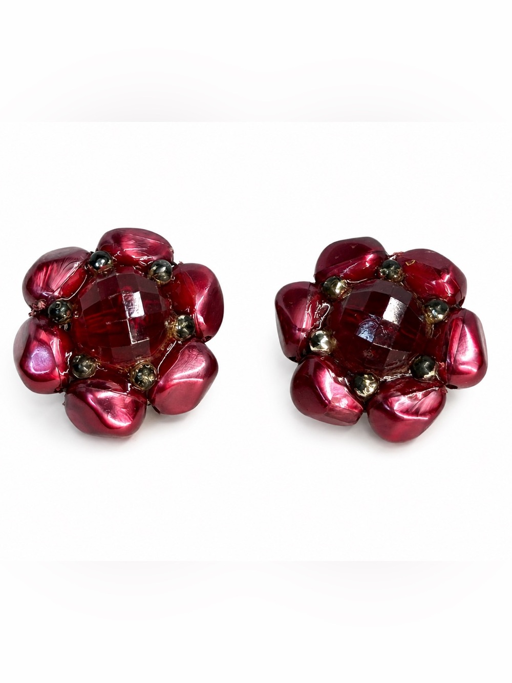 Red Floral Crystal Clip-On Earrings - 1950s Style
